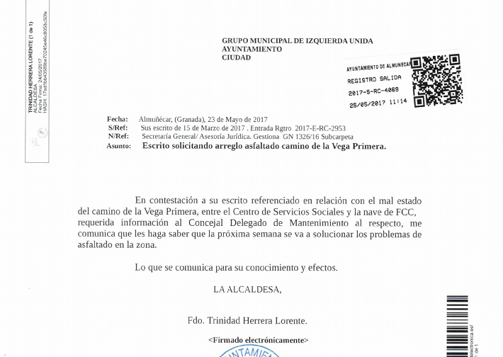 Izquierda Unida de Almucar pide al gobierno municipal que cumpla su compromiso de arreglar el camino de la Vega Primera